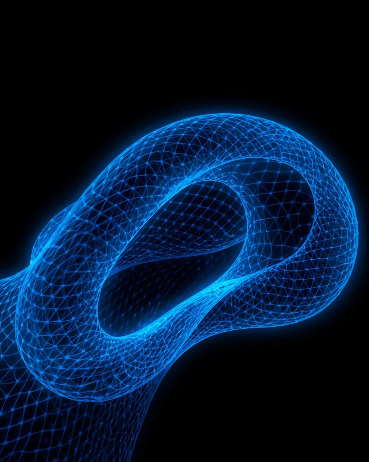 A glowing blue wireframe knot on black
